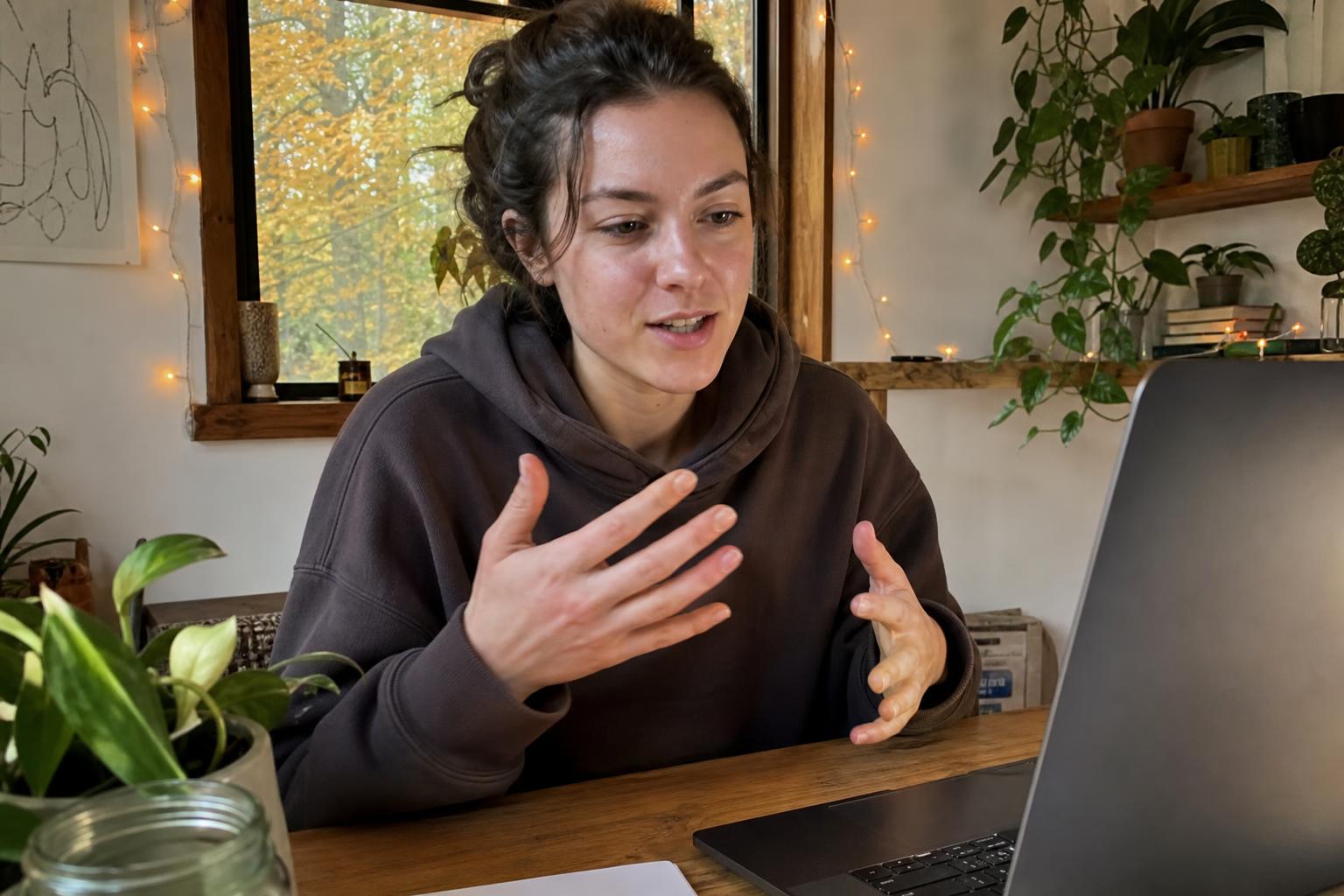 A young creator in a cozy autumn-lit room talking to her laptop webcam in creator mode, casually streaming to strangers surrounded by plants and warm fairy lights