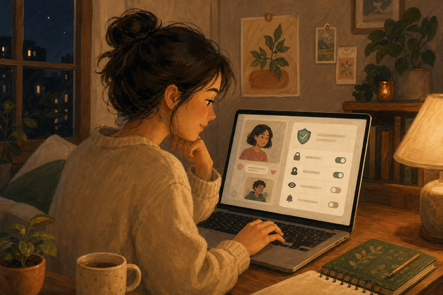 Hand-drawn editorial illustration of a young person at night mindfully reviewing privacy and safety settings while chatting online on a laptop in a cozy warm-lamp-lit room, illustrating an AI safety playbook