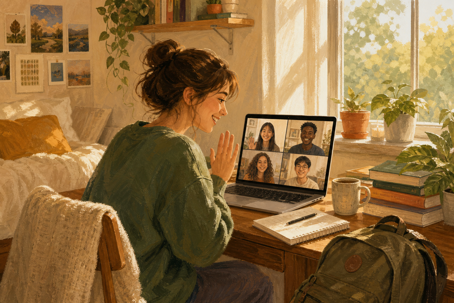Hand-drawn editorial illustration of a college student in a cozy dorm room happily meeting new friends online via a laptop video chat, surrounded by textbooks and a backpack in warm afternoon light