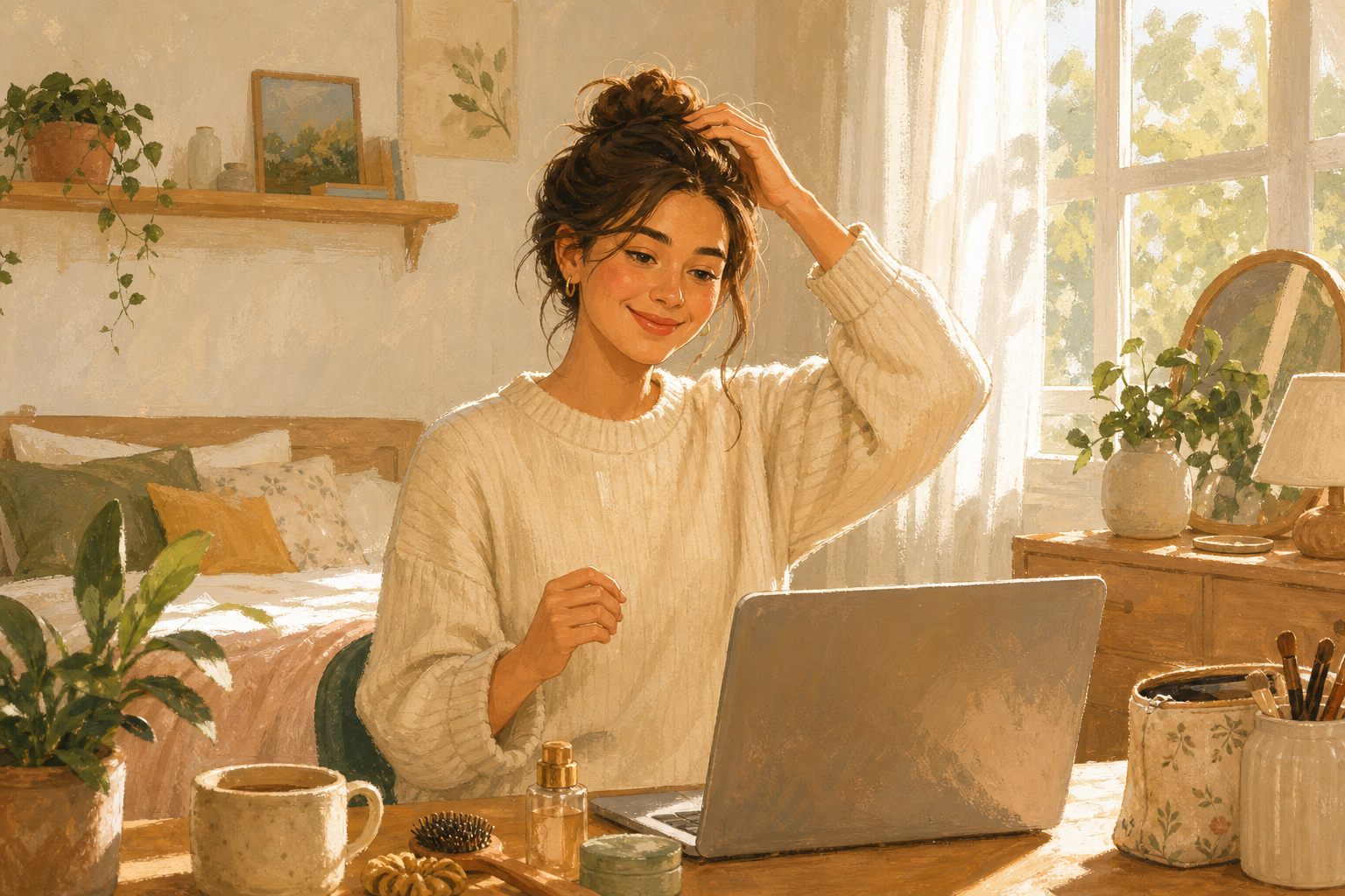 Hand-drawn editorial illustration of a young person tidying their hair and smiling into a laptop webcam, getting camera-ready before a video chat in a cozy bedroom with warm morning light