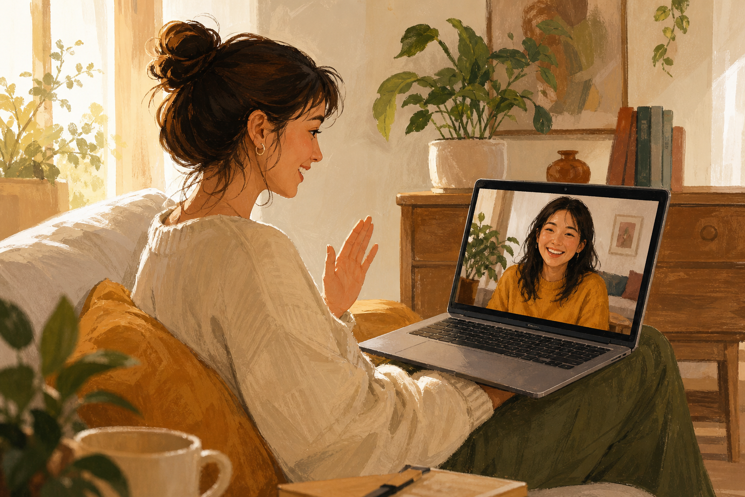 Hand-drawn editorial illustration of two friendly young people warmly chatting with strangers across screens, one relaxing at home with a laptop and the other smiling and waving on the screen, cozy welcoming connection