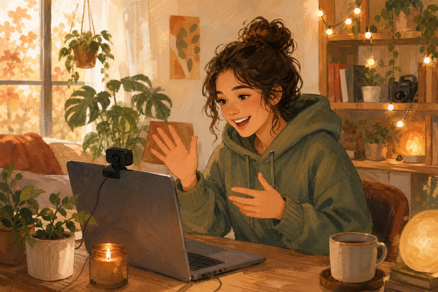 Hand-drawn editorial illustration of a young creator in a hoodie cheerfully talking to their laptop webcam, streaming to strangers from a cozy autumn room with plants, warm string lights, and a candle