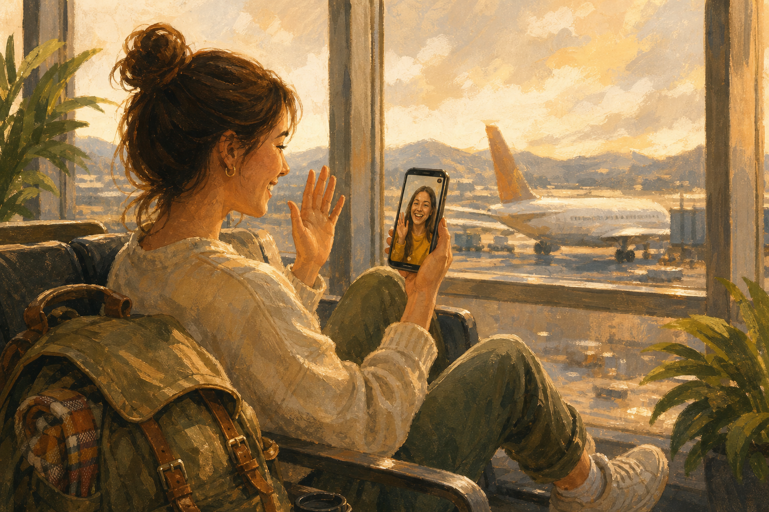 Hand-drawn editorial illustration of a young backpacker having a mobile random video chat on her phone at an airport gate, backpack beside her, warm tones