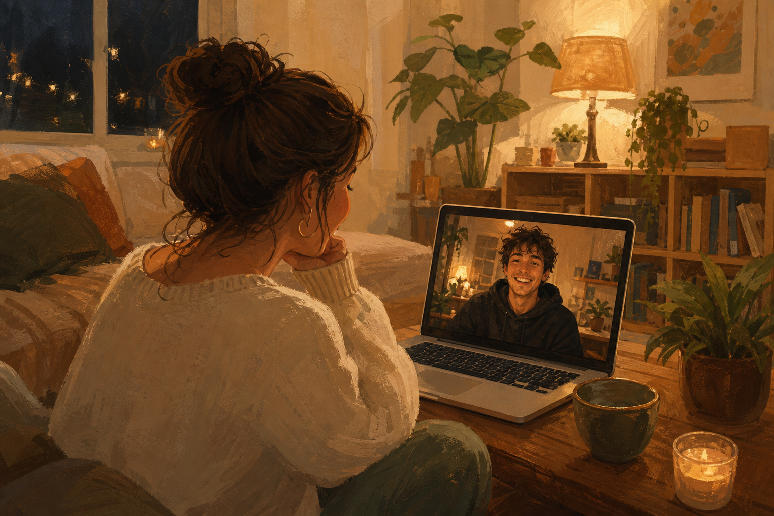 Hand-drawn editorial illustration of a young person enjoying a casual evening video chat with a smiling stranger on a laptop in a cozy lived-in room, Omegle-style random video chat
