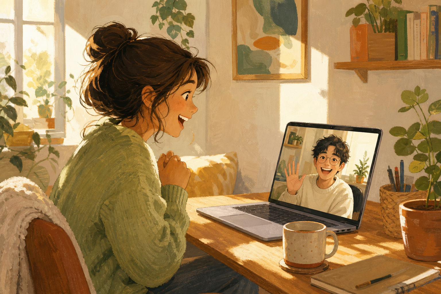 Hand-drawn editorial illustration of a young person delighted and surprised meeting a friendly random new person on a laptop video chat in a cozy warm room with plants