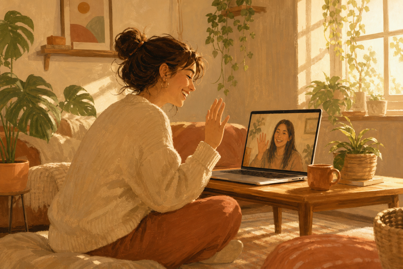Hand-drawn illustration of a person happily video chatting with a stranger online in a cozy room