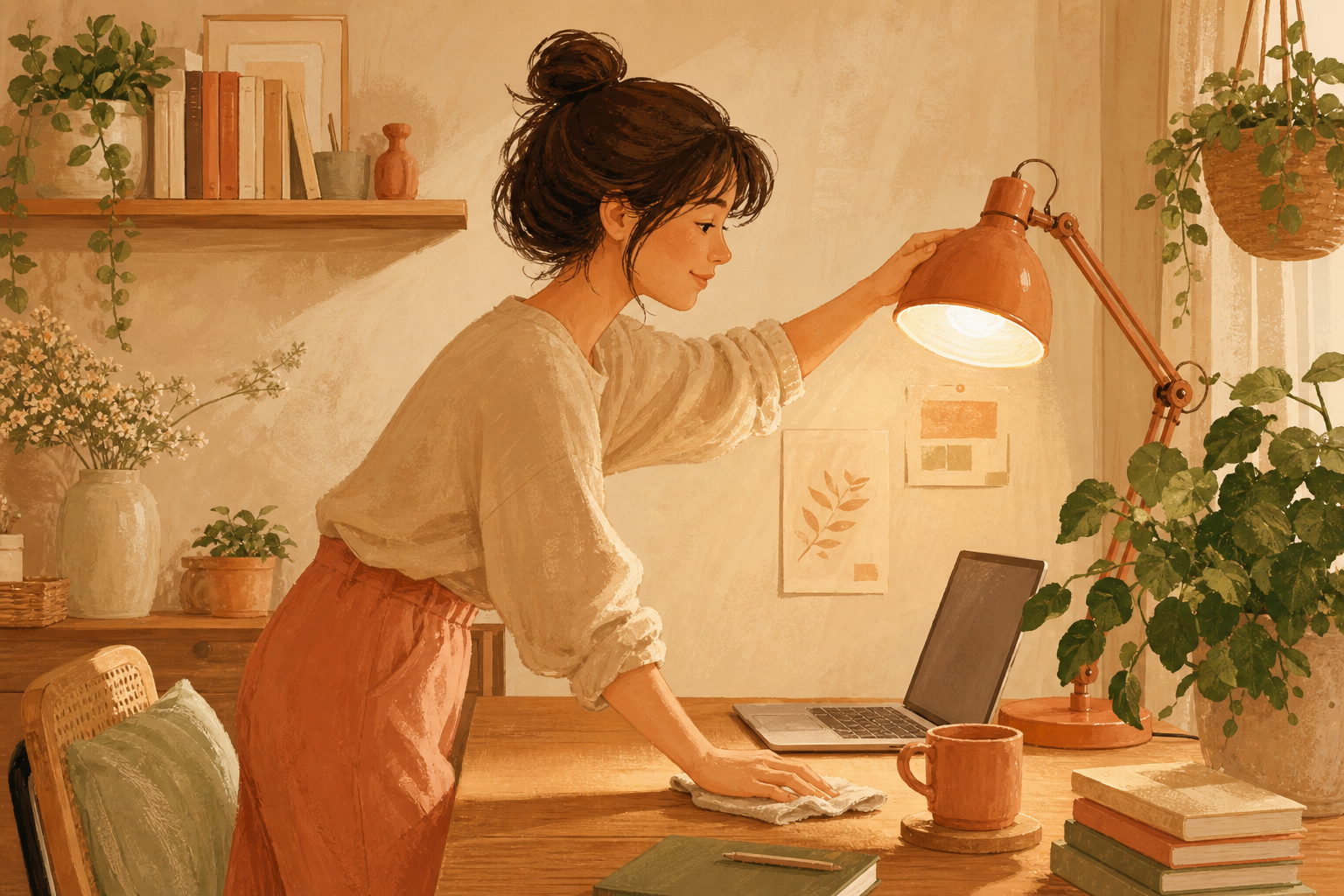 Hand-drawn illustration of someone setting up warm lighting before a video call