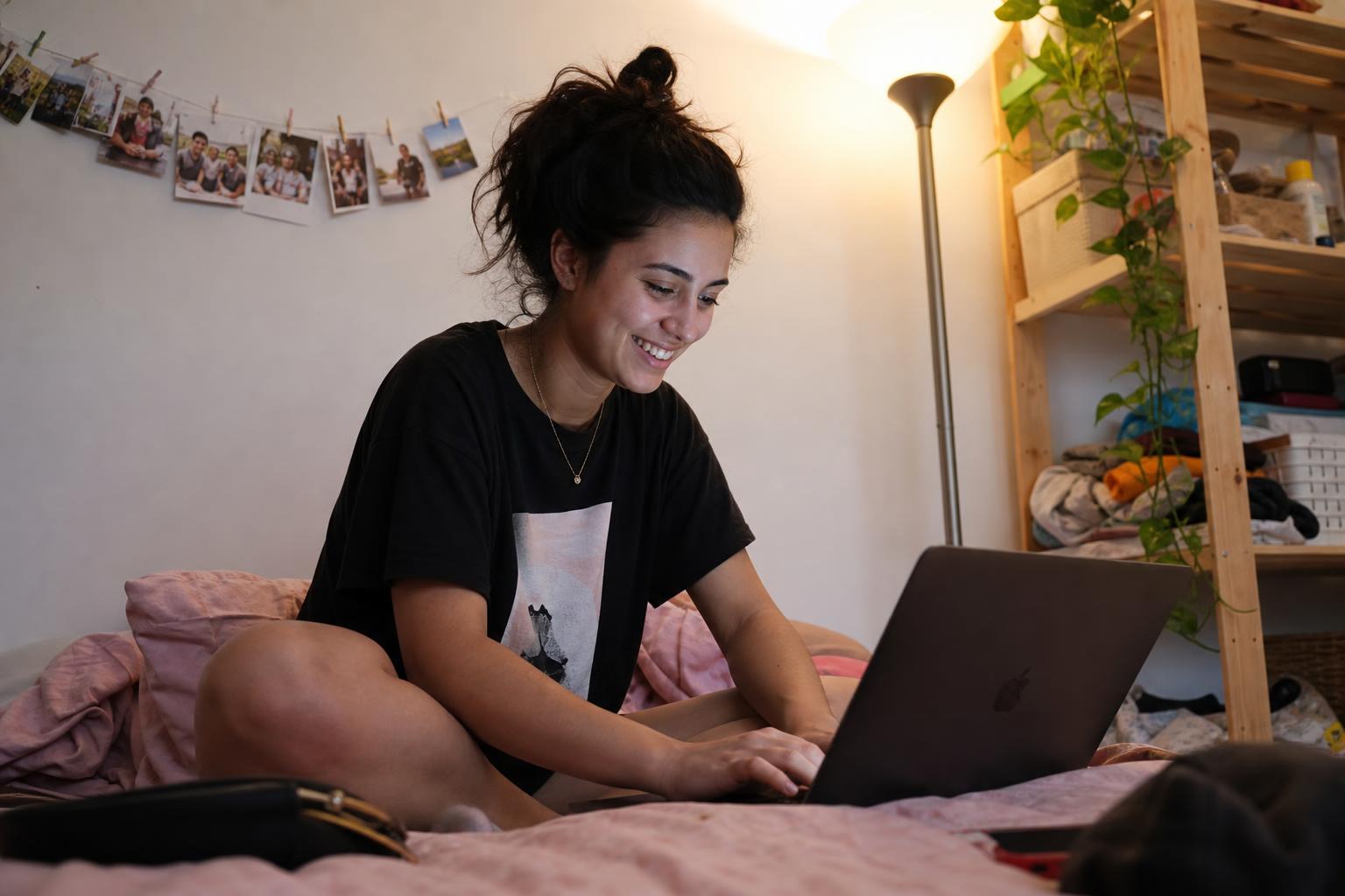 A young woman smiling while sitting cross-legged on her bed, typing on her laptop during an online chat with strangers in her cozy bedroom